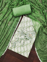 Green and White Floral Cotton Banarasi Handwork Unstitched Suit